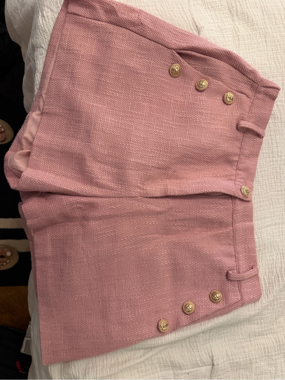 Tailored Pink Tweed Bermuda Shorts with Gold Buttons
